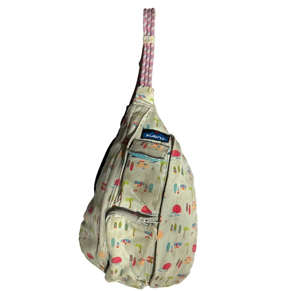 KAVU‎ Rope Bag Sling Backpack Summer Beach Camper Print Canvas Tan Pink Blue